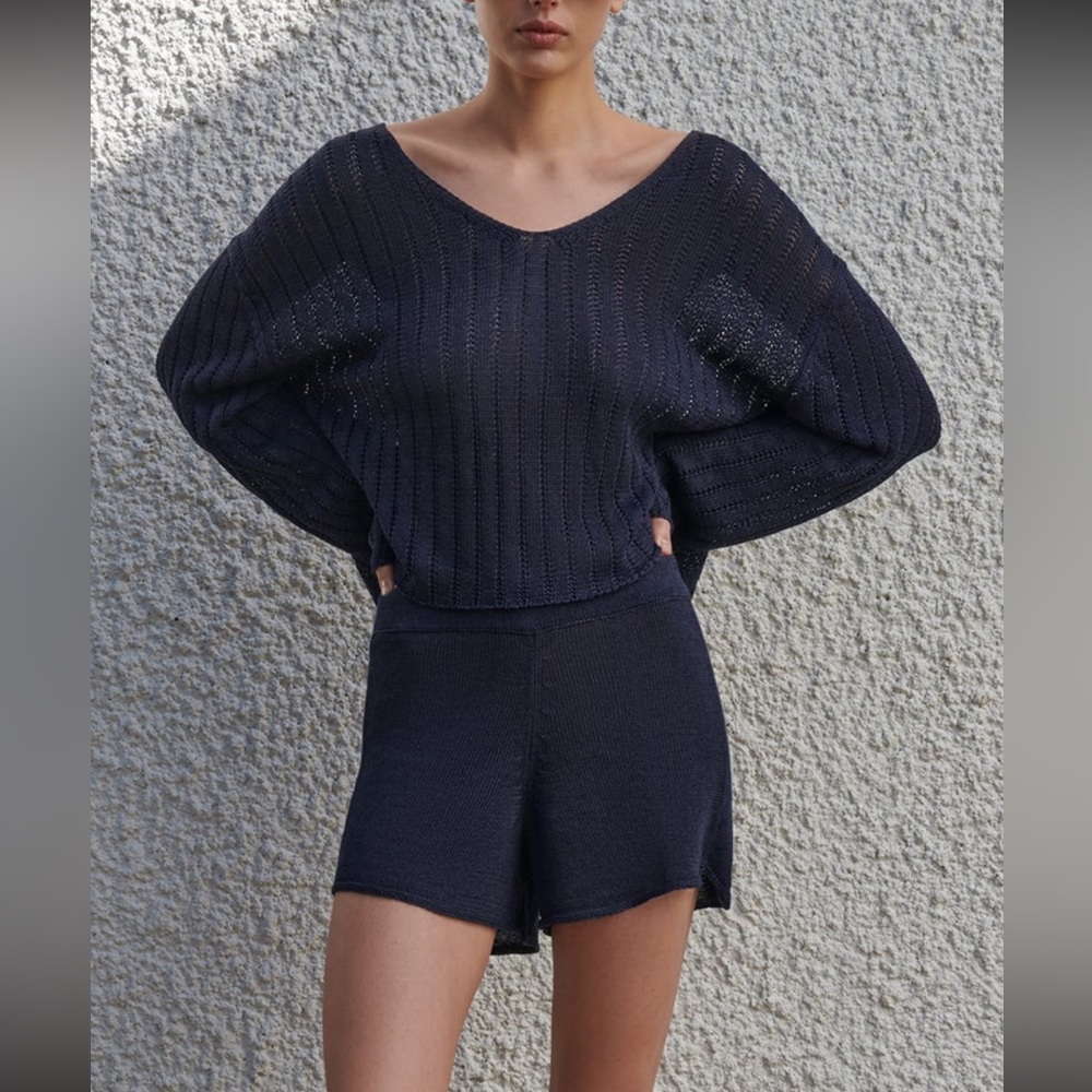 Zara navy knit V-neck top and shorts set NWT